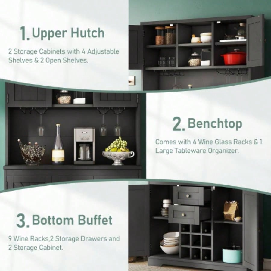 Coffee Bar Cabinet Kitchen Cabinet with Storage, Farmhouse Wine Cabinet with Drawers shelves and cabinets, Buffet Cabinet Wine Glass Racks Dining Room, Kitchen, Black
