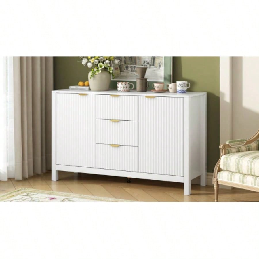 USTYLE Sideboard with Wave Design - 3 Adjustable Shelves, 3 Drawers Soft - Close Doors, Storage Console Table with Metal Handles, Suitable Study, Hallway and Living Room, 3 Colors