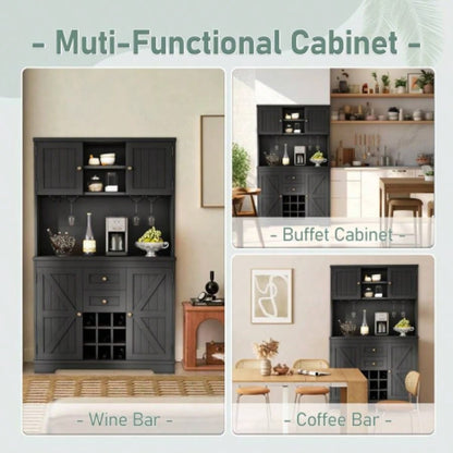 Coffee Bar Cabinet Kitchen Cabinet with Storage, Farmhouse Wine Cabinet with Drawers shelves and cabinets, Buffet Cabinet Wine Glass Racks Dining Room, Kitchen, Black