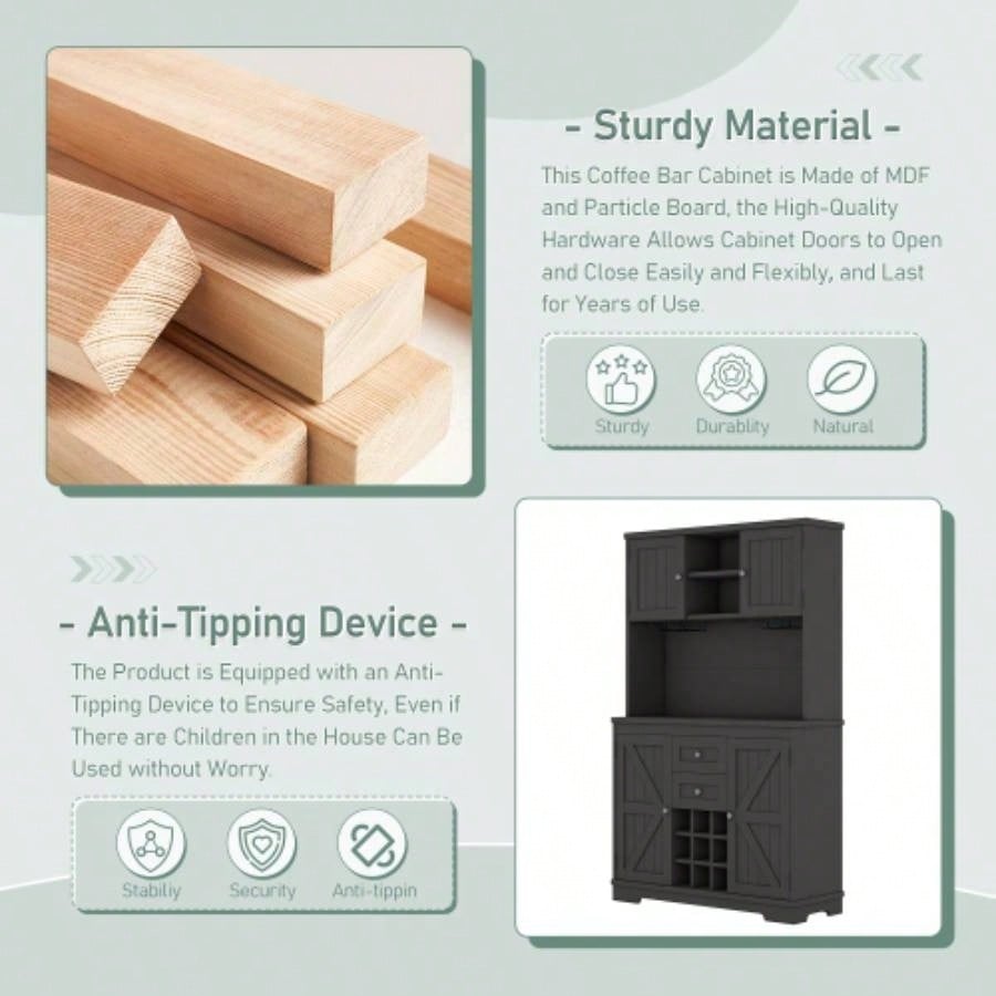 Coffee Bar Cabinet Kitchen Cabinet with Storage, Farmhouse Wine Cabinet with Drawers shelves and cabinets, Buffet Cabinet Wine Glass Racks Dining Room, Kitchen, Black