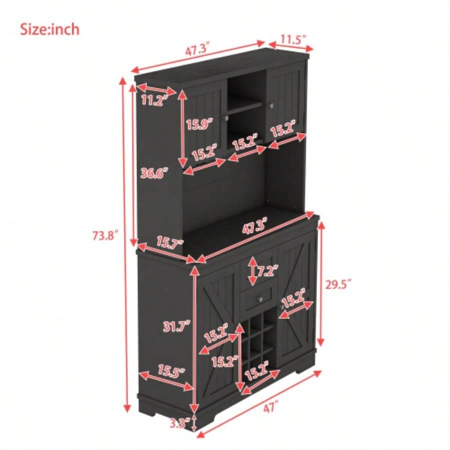 Coffee Bar Cabinet Kitchen Cabinet with Storage, Farmhouse Wine Cabinet with Drawers shelves and cabinets, Buffet Cabinet Wine Glass Racks Dining Room, Kitchen, Black