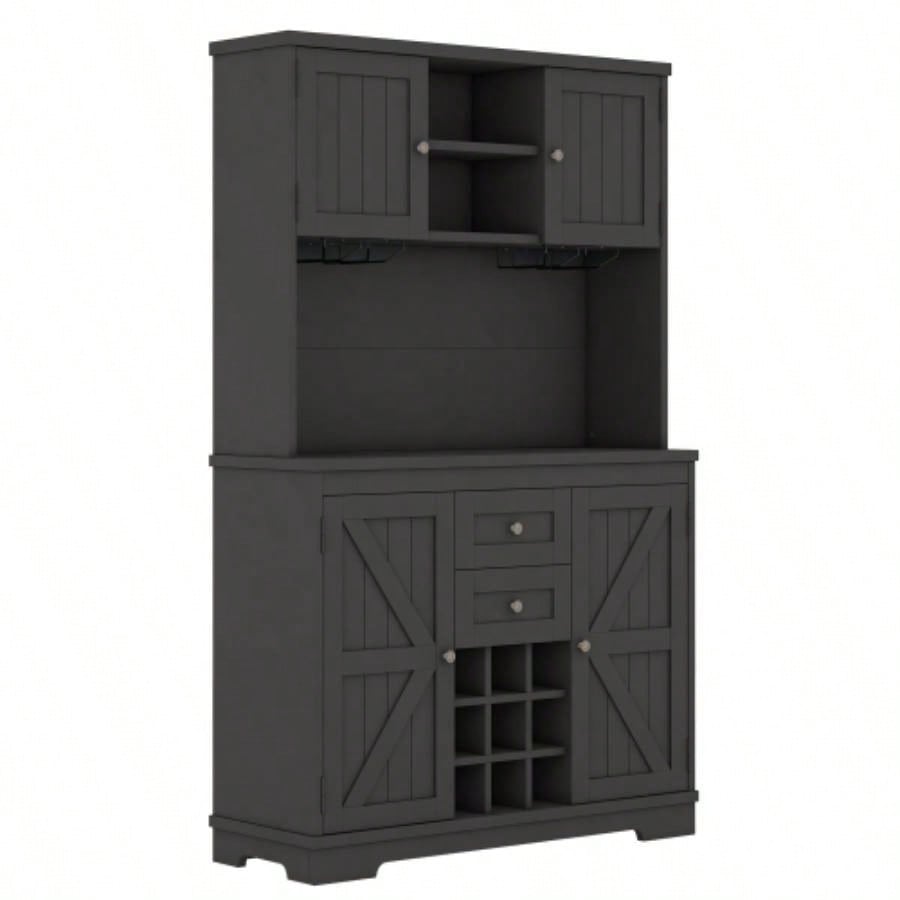 Coffee Bar Cabinet Kitchen Cabinet with Storage, Farmhouse Wine Cabinet with Drawers shelves and cabinets, Buffet Cabinet Wine Glass Racks Dining Room, Kitchen, Black