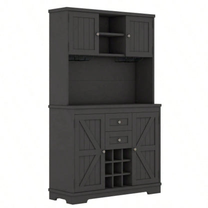 Coffee Bar Cabinet Kitchen Cabinet with Storage, Farmhouse Wine Cabinet with Drawers shelves and cabinets, Buffet Cabinet Wine Glass Racks Dining Room, Kitchen, Black