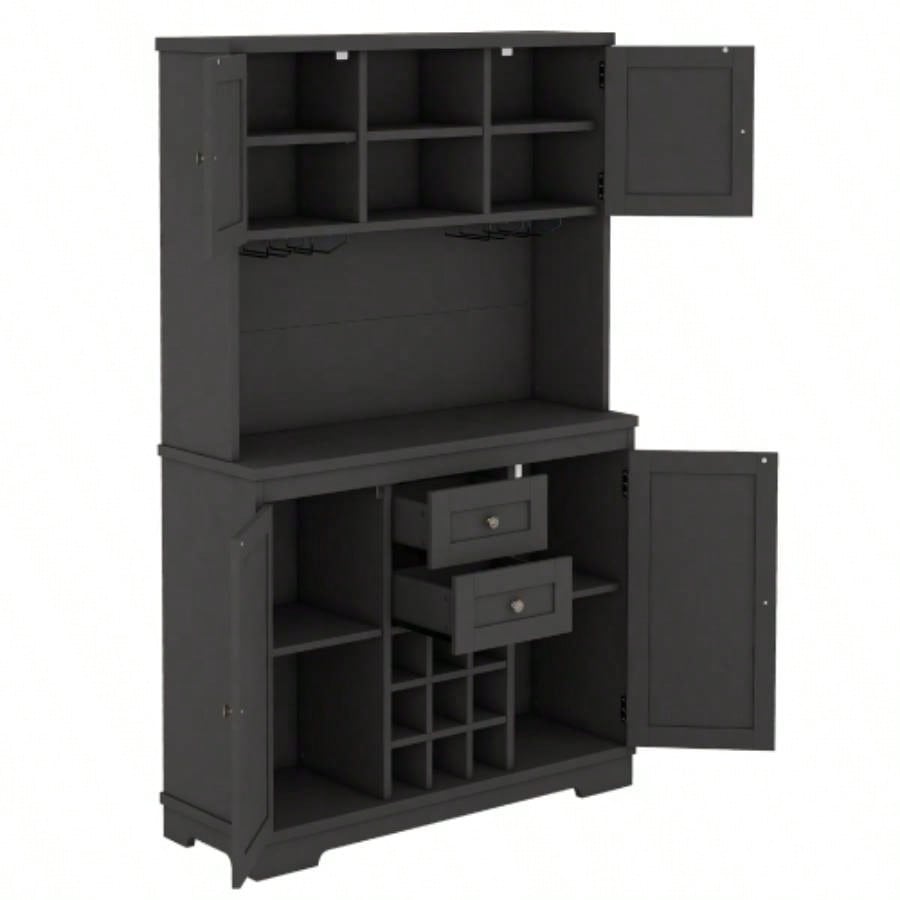 Coffee Bar Cabinet Kitchen Cabinet with Storage, Farmhouse Wine Cabinet with Drawers shelves and cabinets, Buffet Cabinet Wine Glass Racks Dining Room, Kitchen, Black