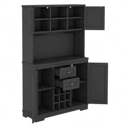 Coffee Bar Cabinet Kitchen Cabinet with Storage, Farmhouse Wine Cabinet with Drawers shelves and cabinets, Buffet Cabinet Wine Glass Racks Dining Room, Kitchen, Black