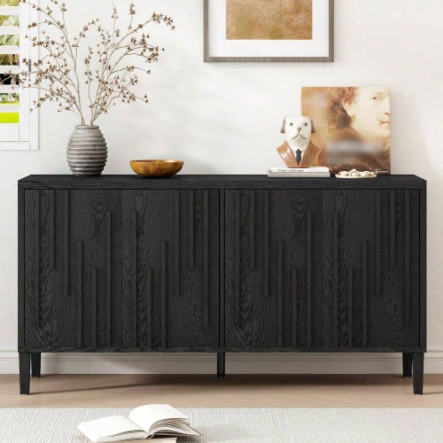 UStyle 59.8 4 - Door Sideboard, Hidden Handle, Distinctive Solid Ash Veneer Buffet with Storage, Farmhouse Sideboard TV Stand Living Room, Hallway, Dining, Wood Office CredenzaBlack