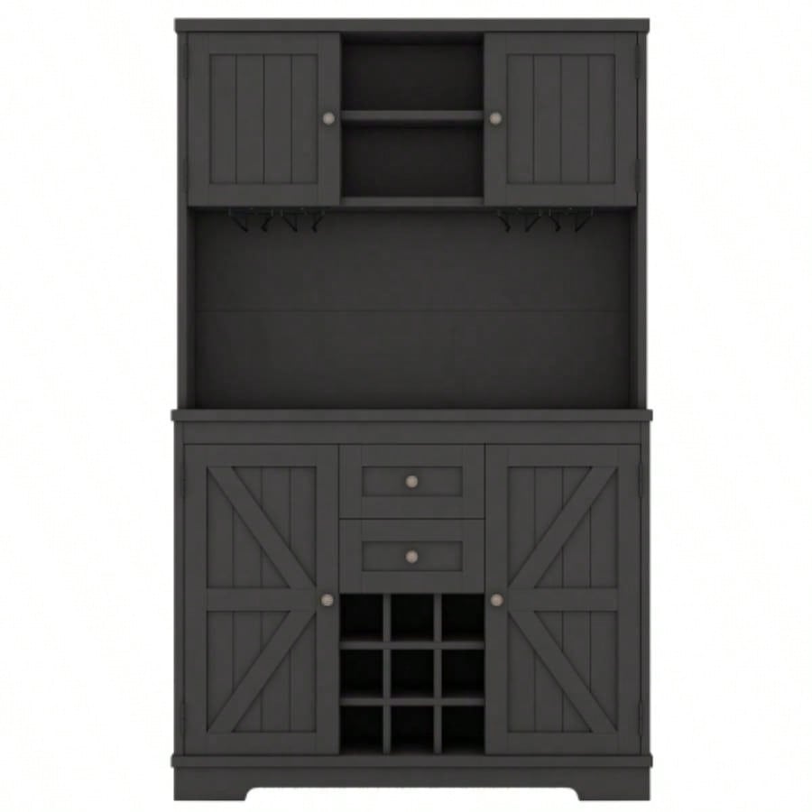 Coffee Bar Cabinet Kitchen Cabinet with Storage, Farmhouse Wine Cabinet with Drawers shelves and cabinets, Buffet Cabinet Wine Glass Racks Dining Room, Kitchen, Black