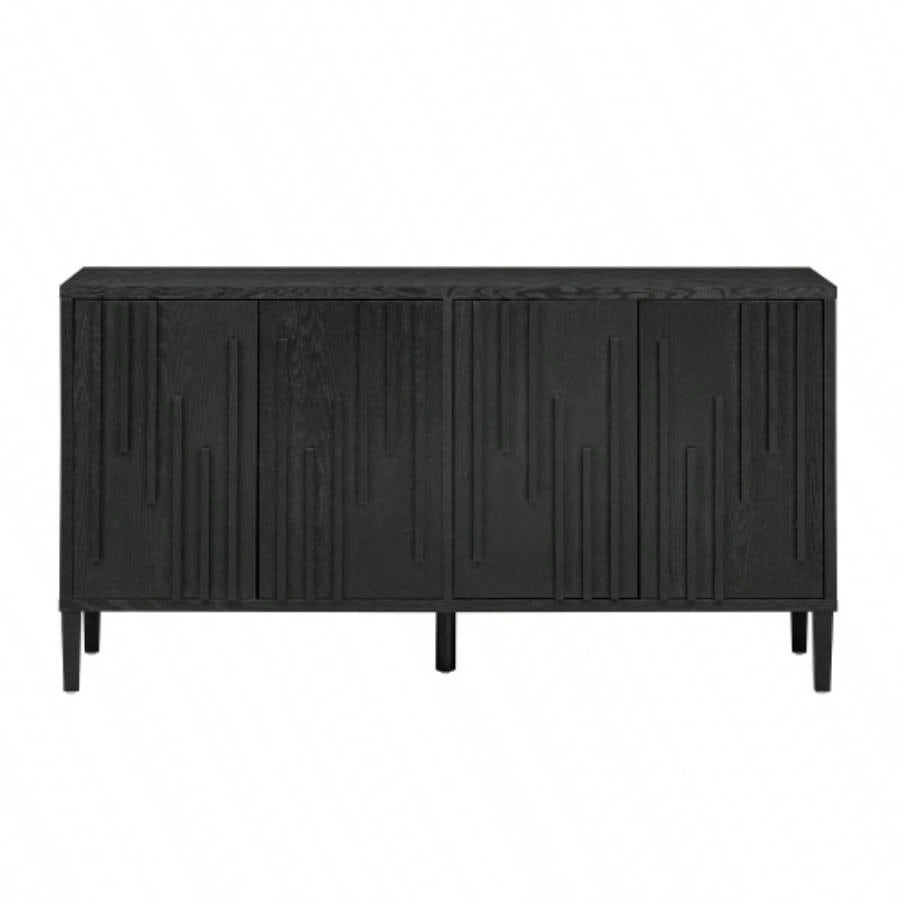 UStyle 59.8 4 - Door Sideboard, Hidden Handle, Distinctive Solid Ash Veneer Buffet with Storage, Farmhouse Sideboard TV Stand Living Room, Hallway, Dining, Wood Office CredenzaBlack