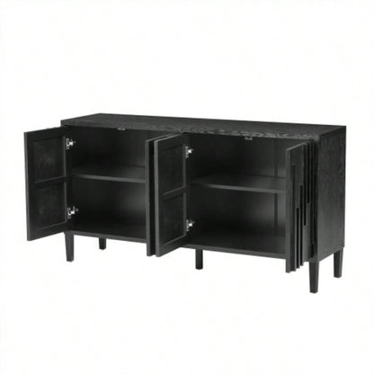 UStyle 59.8 4 - Door Sideboard, Hidden Handle, Distinctive Solid Ash Veneer Buffet with Storage, Farmhouse Sideboard TV Stand Living Room, Hallway, Dining, Wood Office CredenzaBlack