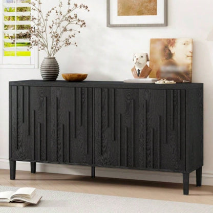 UStyle 59.8 4 - Door Sideboard, Hidden Handle, Distinctive Solid Ash Veneer Buffet with Storage, Farmhouse Sideboard TV Stand Living Room, Hallway, Dining, Wood Office CredenzaBlack