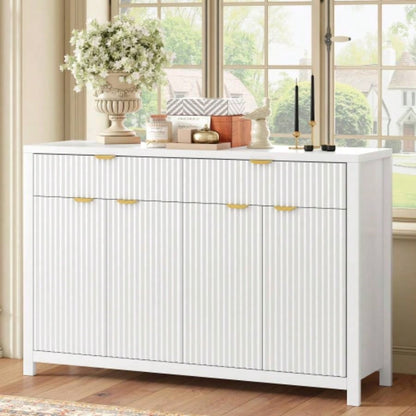 Modern Wave - Pattern Sideboard Cabinet with 2 Drawers and 4 Doors, 3 - Level Adjustable Shelves, Aluminum Handles, Scandinavian Style, 3 Colors, Suitable Entryway, Living Room, Foyer