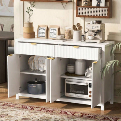 Modern Wave - Pattern Sideboard Cabinet with 2 Drawers and 4 Doors, 3 - Level Adjustable Shelves, Aluminum Handles, Scandinavian Style, 3 Colors, Suitable Entryway, Living Room, Foyer