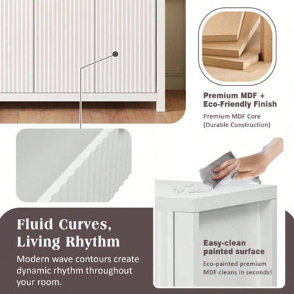 Modern Wave - Pattern Sideboard Cabinet with 2 Drawers and 4 Doors, 3 - Level Adjustable Shelves, Aluminum Handles, Scandinavian Style, 3 Colors, Suitable Entryway, Living Room, Foyer