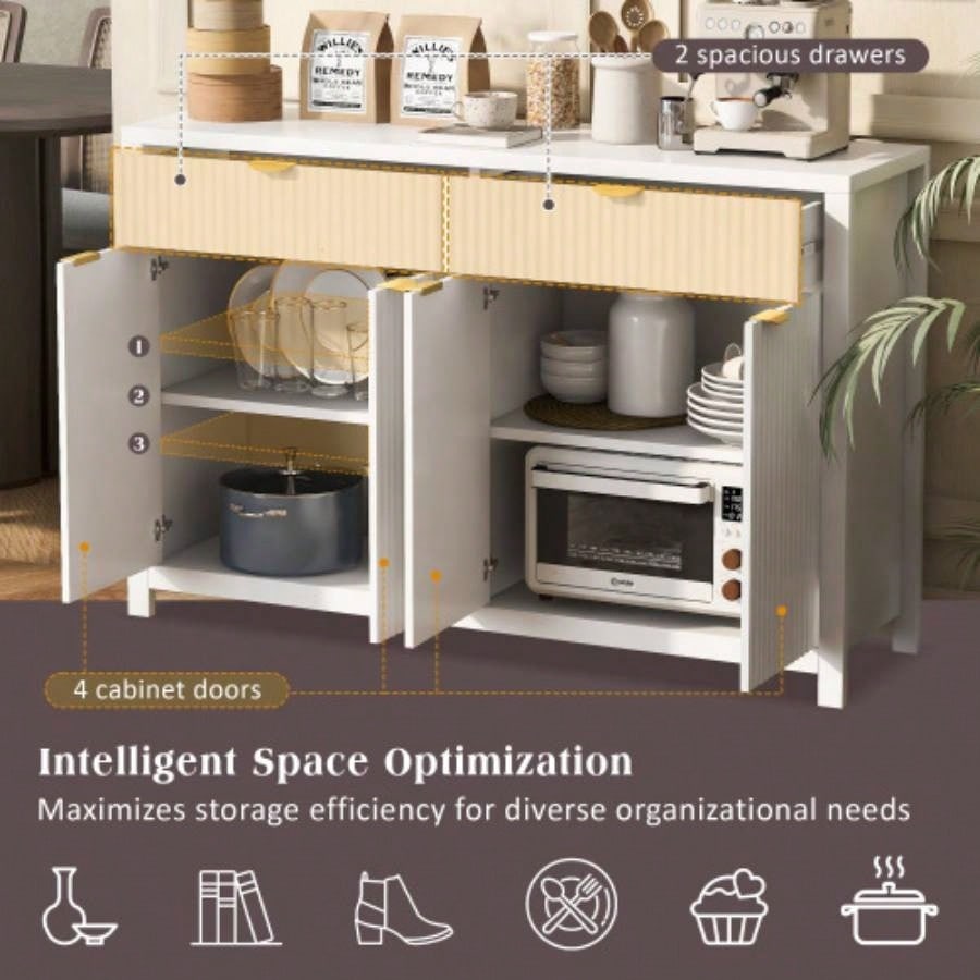 Modern Wave - Pattern Sideboard Cabinet with 2 Drawers and 4 Doors, 3 - Level Adjustable Shelves, Aluminum Handles, Scandinavian Style, 3 Colors, Suitable Entryway, Living Room, Foyer