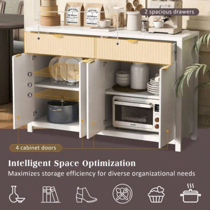 Modern Wave - Pattern Sideboard Cabinet with 2 Drawers and 4 Doors, 3 - Level Adjustable Shelves, Aluminum Handles, Scandinavian Style, 3 Colors, Suitable Entryway, Living Room, Foyer