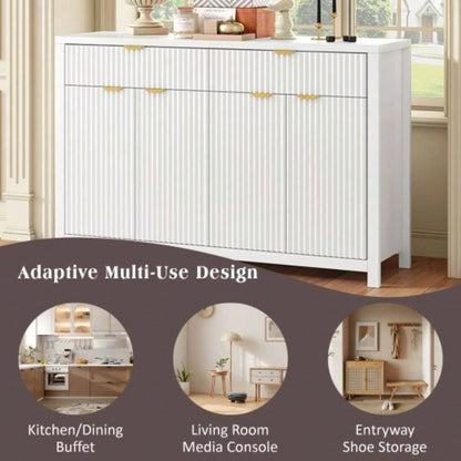 Modern Wave - Pattern Sideboard Cabinet with 2 Drawers and 4 Doors, 3 - Level Adjustable Shelves, Aluminum Handles, Scandinavian Style, 3 Colors, Suitable Entryway, Living Room, Foyer