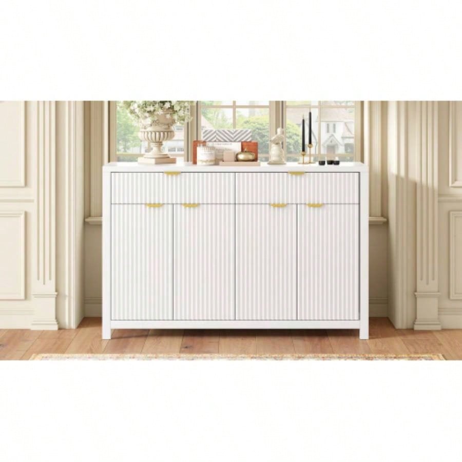 Modern Wave - Pattern Sideboard Cabinet with 2 Drawers and 4 Doors, 3 - Level Adjustable Shelves, Aluminum Handles, Scandinavian Style, 3 Colors, Suitable Entryway, Living Room, Foyer