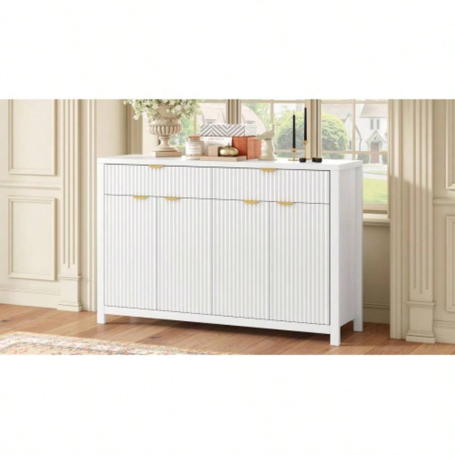 Modern Wave - Pattern Sideboard Cabinet with 2 Drawers and 4 Doors, 3 - Level Adjustable Shelves, Aluminum Handles, Scandinavian Style, 3 Colors, Suitable Entryway, Living Room, Foyer