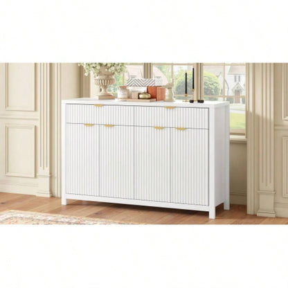 Modern Wave - Pattern Sideboard Cabinet with 2 Drawers and 4 Doors, 3 - Level Adjustable Shelves, Aluminum Handles, Scandinavian Style, 3 Colors, Suitable Entryway, Living Room, Foyer