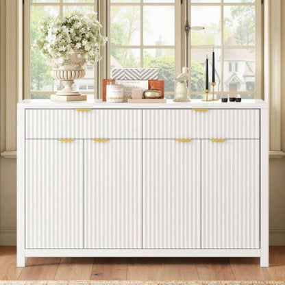 Modern Wave - Pattern Sideboard Cabinet with 2 Drawers and 4 Doors, 3 - Level Adjustable Shelves, Aluminum Handles, Scandinavian Style, 3 Colors, Suitable Entryway, Living Room, Foyer