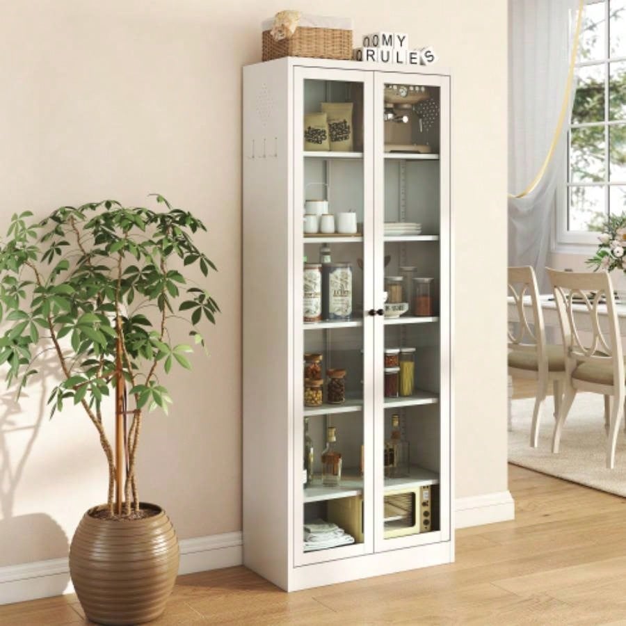 Metal Kitchen Pantry Cabinet - 72 Tall Storage with 5 Adjustable Shelves, White Freestanding Cabinet Kitchen/Pantry/Bathroom