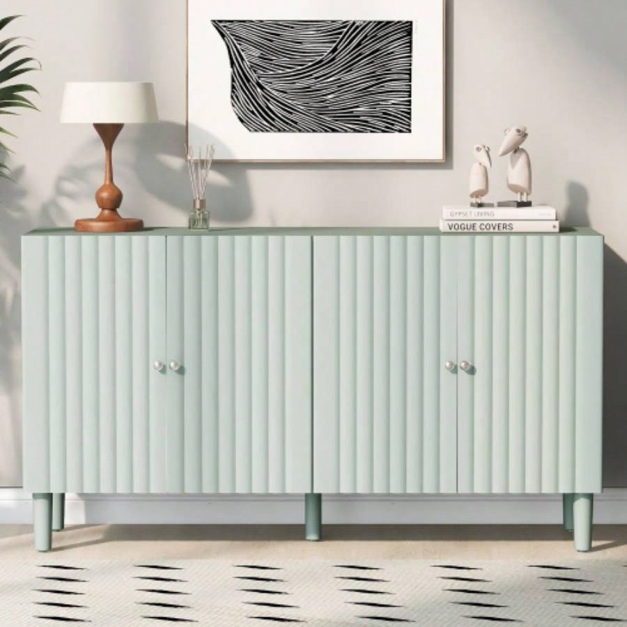 USTYLE Elegant Four - Door Sideboard with Wavy Pattern Doors, Cylindrical, and Sleek Metal Handles, Adjustable, Suitable Study, Entryway and Living Room