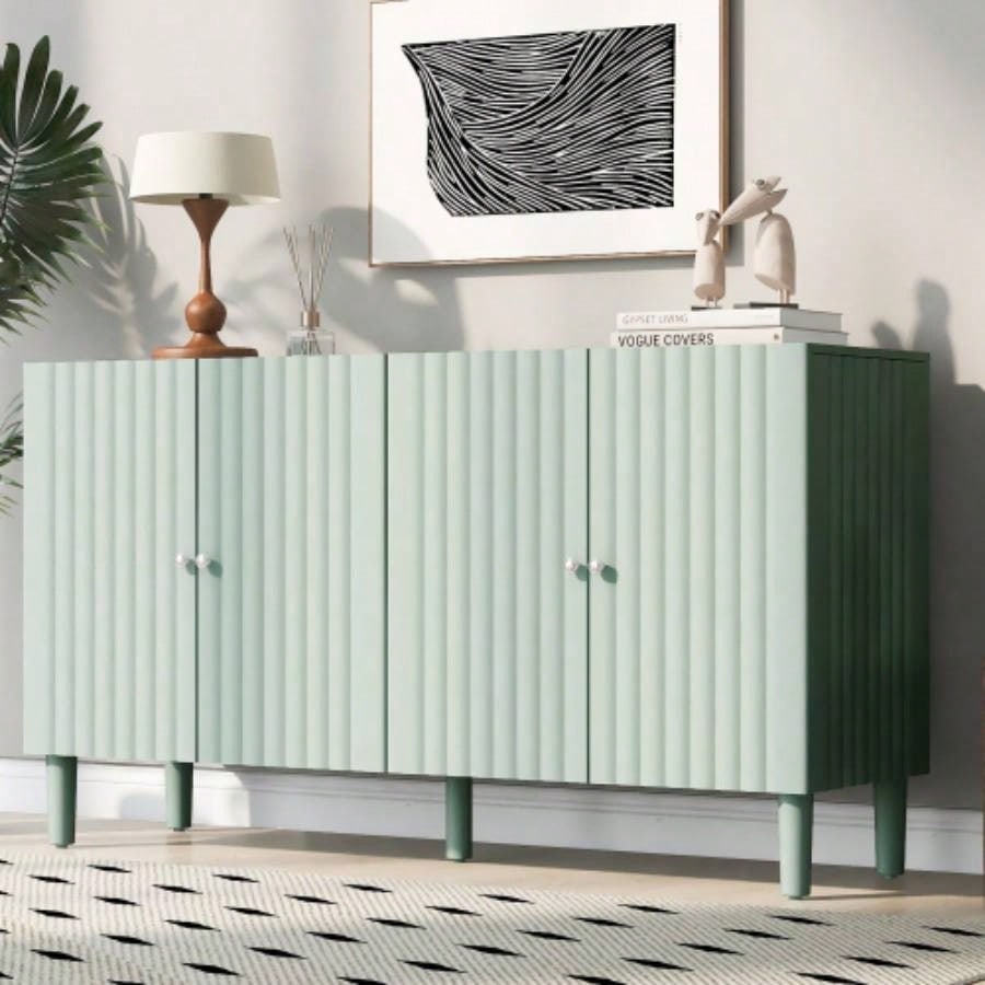 USTYLE Elegant Four - Door Sideboard with Wavy Pattern Doors, Cylindrical, and Sleek Metal Handles, Adjustable, Suitable Study, Entryway and Living Room