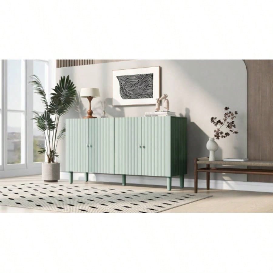 USTYLE Elegant Four - Door Sideboard with Wavy Pattern Doors, Cylindrical, and Sleek Metal Handles, Adjustable, Suitable Study, Entryway and Living Room