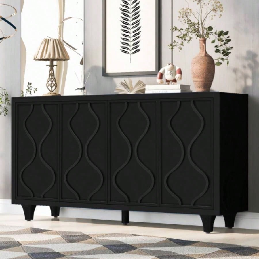 USTYLE Stylish Storage Cabinet Sideboard Wooden Cabinet with Embossed Curved Doors, Suitable Living Rooms, Entrance and Study Rooms
