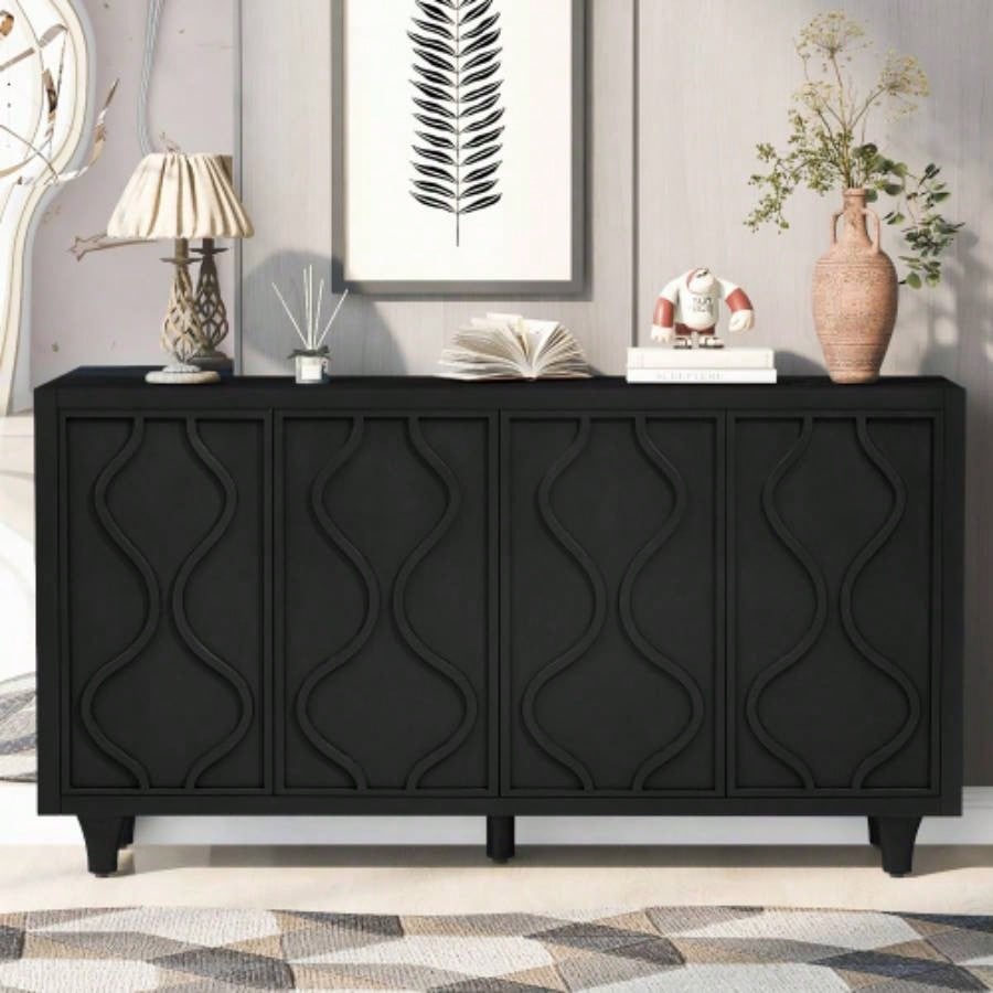 USTYLE Stylish Storage Cabinet Sideboard Wooden Cabinet with Embossed Curved Doors, Suitable Living Rooms, Entrance and Study Rooms