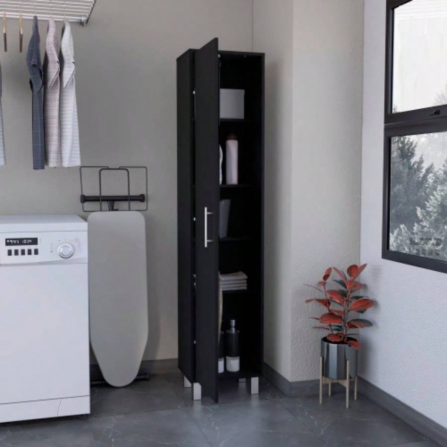 Storage Cabinet 71H with 5 - Tier Shelf, 3 Broom Hangers and Metal hardware, Black