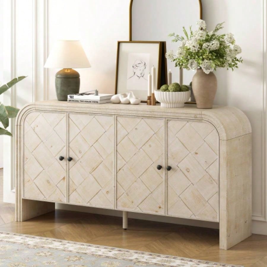 UStyle Luxury Multi - Functional MDF Sideboard - Handwoven Wood Slat Doors, Tiered Stepped Design Premium Solid Wood Veneer Hallways, Living Rooms, Studies, and Corridors