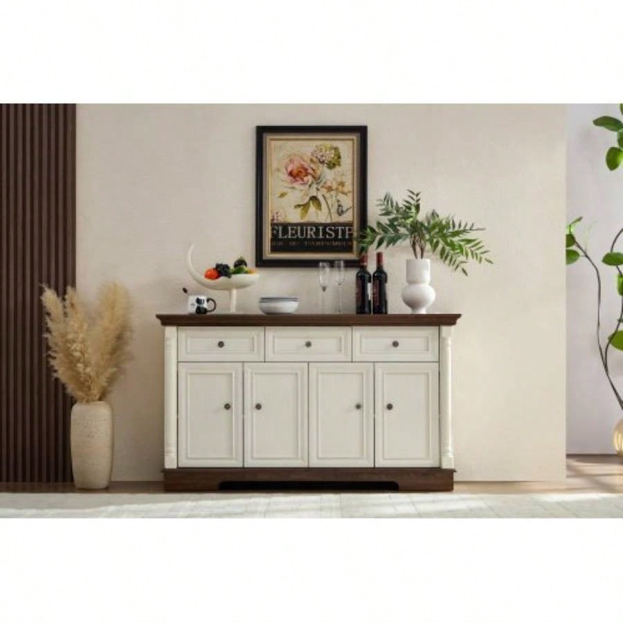 Farmhouse Style Kitchen Storage Cabinet, Large Wall Cabinet with Drawers and Doors in Roman Column Shape, Wooden Coffee Bar, Wine Cooler Living Room Hallway