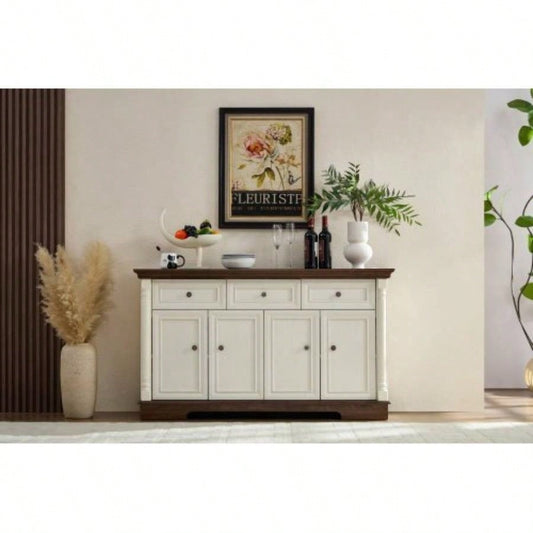 Farmhouse Style Kitchen Storage Cabinet, Large Wall Cabinet with Drawers and Doors in Roman Column Shape, Wooden Coffee Bar, Wine Cooler Living Room Hallway