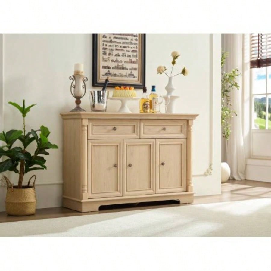 Farmhouse Style Kitchen Storage Cabinet, Large Wall Cabinet with Drawers and Doors in Roman Column Shape, Wooden Coffee Bar, Wine Cooler Living Room Hallway