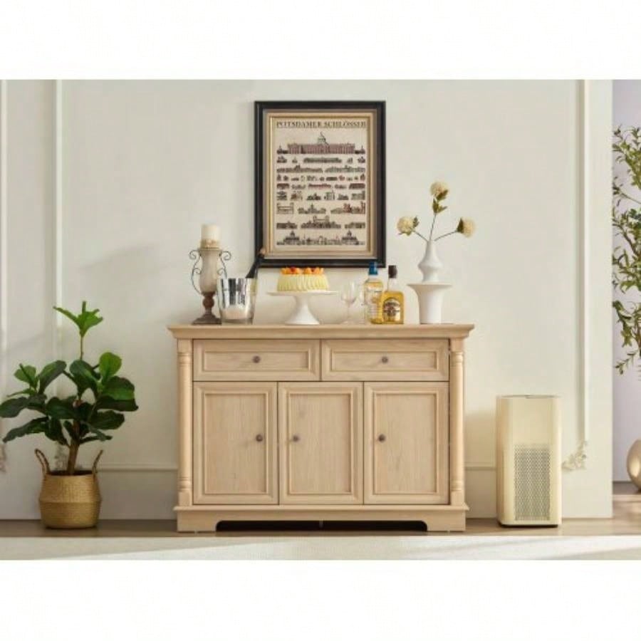 Farmhouse Style Kitchen Storage Cabinet, Large Wall Cabinet with Drawers and Doors in Roman Column Shape, Wooden Coffee Bar, Wine Cooler Living Room Hallway