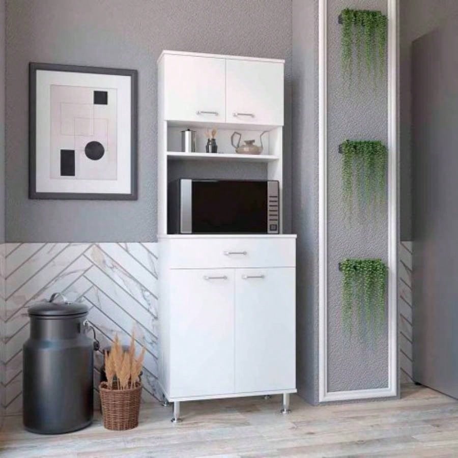 Pantry Cabinet 67 H, Four Doors, One Drawer, Three Internal Shelves, 2 External Storage Shelves, Microwave Storage Option, Four, White