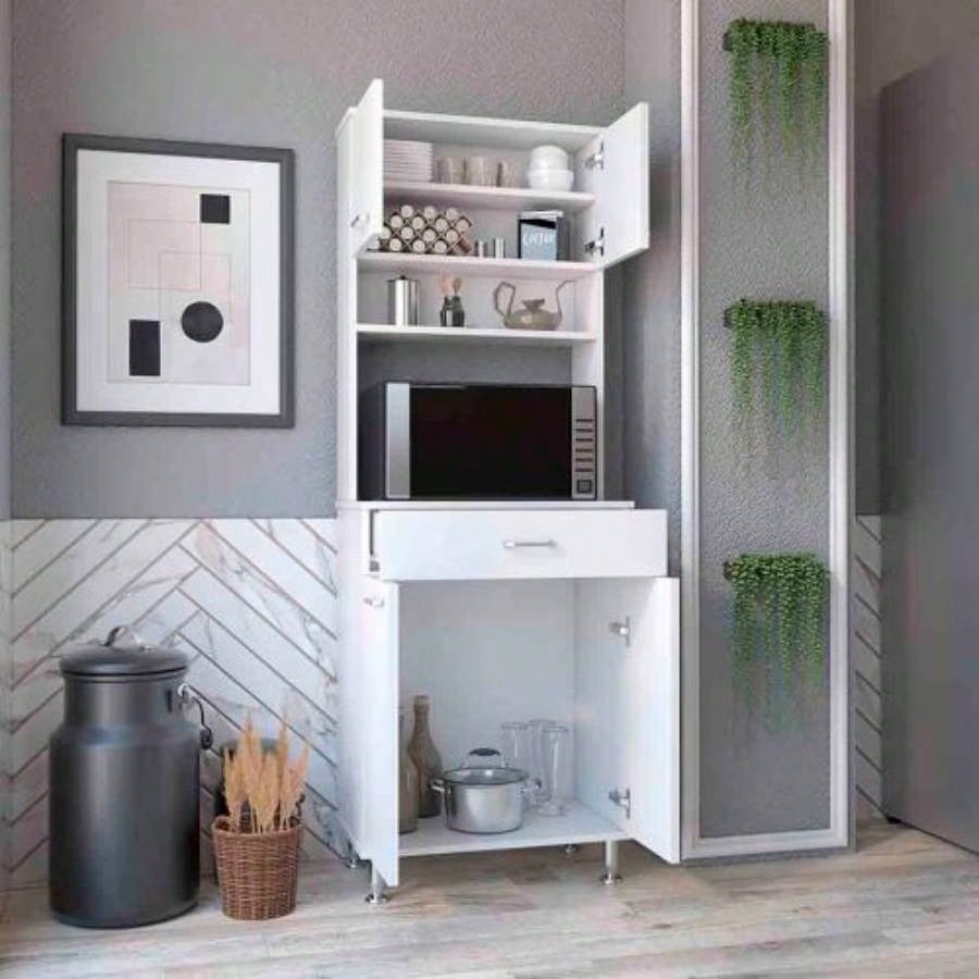 Pantry Cabinet 67 H, Four Doors, One Drawer, Three Internal Shelves, 2 External Storage Shelves, Microwave Storage Option, Four, White