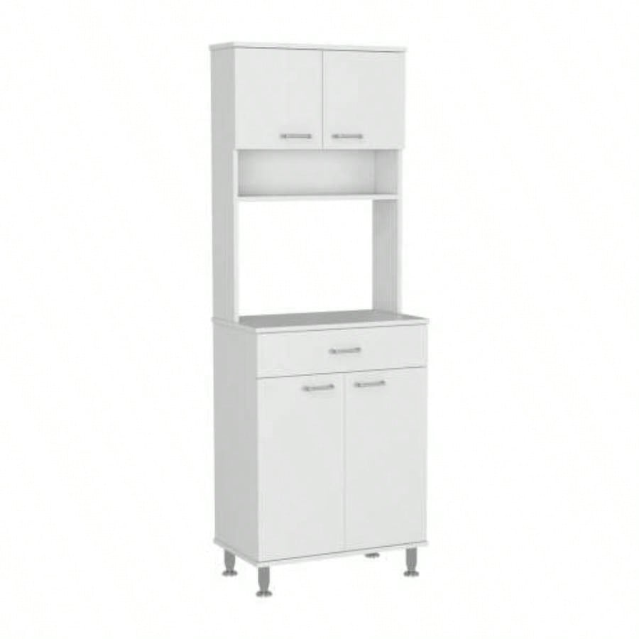 Pantry Cabinet 67 H, Four Doors, One Drawer, Three Internal Shelves, 2 External Storage Shelves, Microwave Storage Option, Four, White