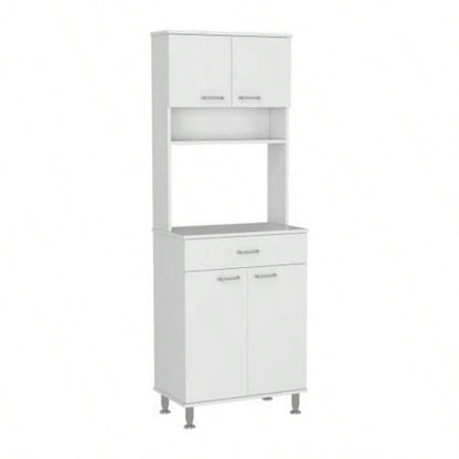 Pantry Cabinet 67 H, Four Doors, One Drawer, Three Internal Shelves, 2 External Storage Shelves, Microwave Storage Option, Four, White