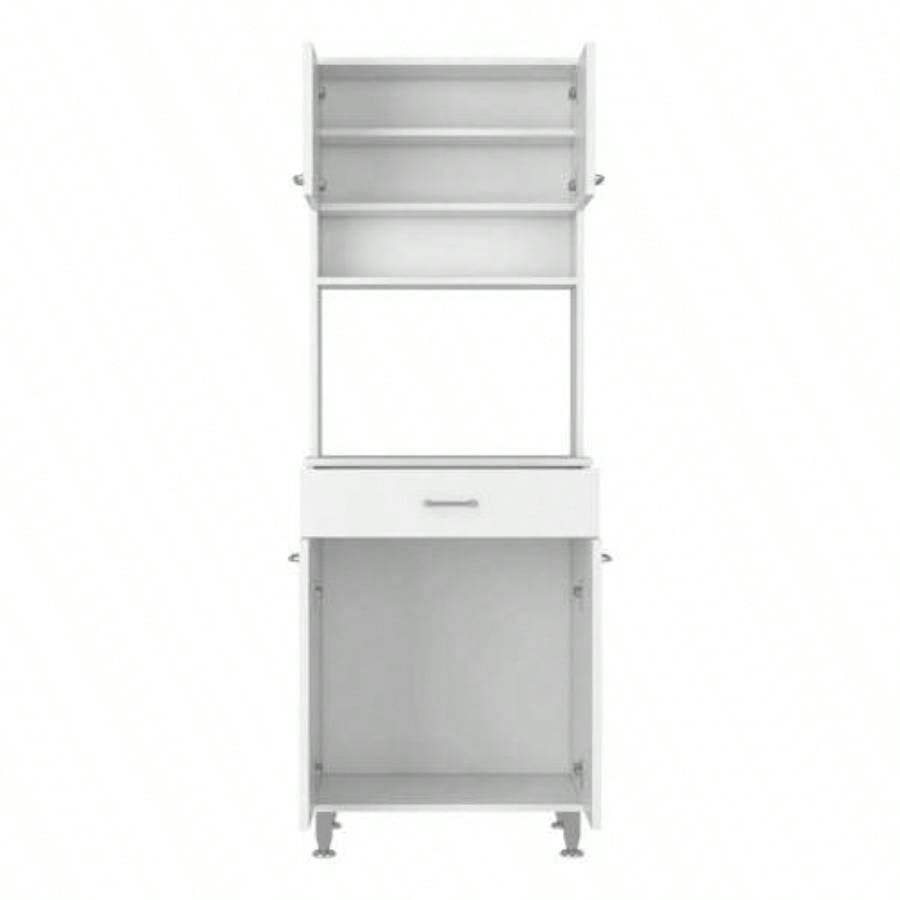 Pantry Cabinet 67 H, Four Doors, One Drawer, Three Internal Shelves, 2 External Storage Shelves, Microwave Storage Option, Four, White