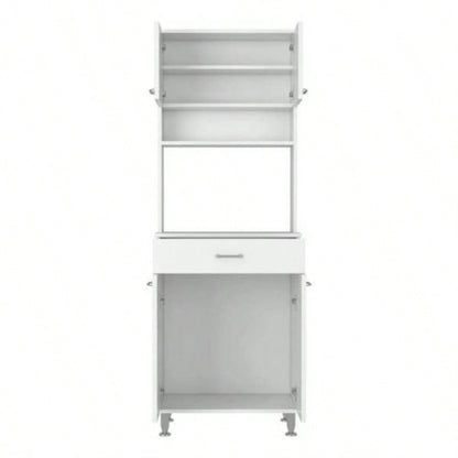 Pantry Cabinet 67 H, Four Doors, One Drawer, Three Internal Shelves, 2 External Storage Shelves, Microwave Storage Option, Four, White