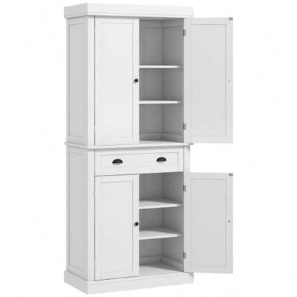 HOMCOM 72.5 Kitchen Pantry Cabinet, Traditional Freestanding Storage Cabinet with 4 Doors, Drawer and 3 Adjustable Shelves Dining Room, White Wood Grain