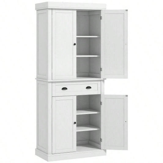 HOMCOM 72.5 Kitchen Pantry Cabinet, Traditional Freestanding Storage Cabinet with 4 Doors, Drawer and 3 Adjustable Shelves Dining Room, White Wood Grain