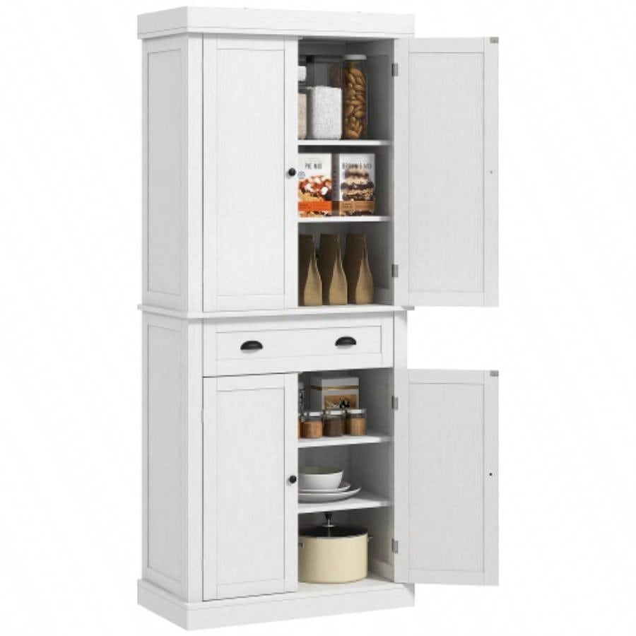 HOMCOM 72.5 Kitchen Pantry Cabinet, Traditional Freestanding Storage Cabinet with 4 Doors, Drawer and 3 Adjustable Shelves Dining Room, White Wood Grain