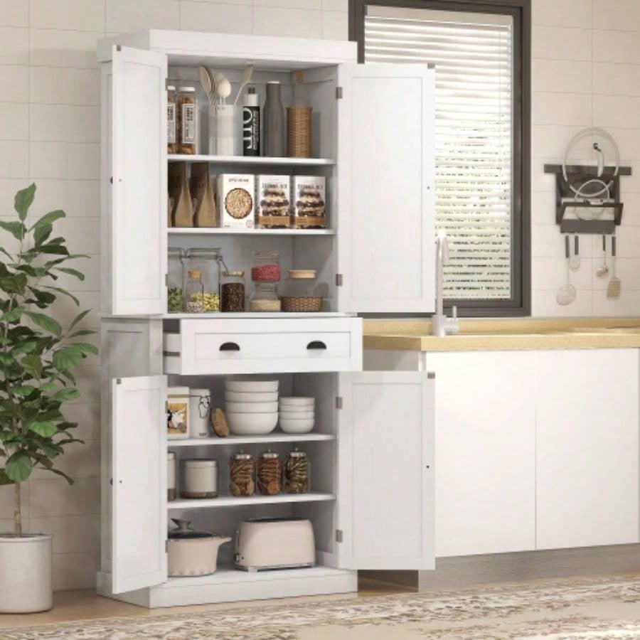 HOMCOM 72.5 Kitchen Pantry Cabinet, Traditional Freestanding Storage Cabinet with 4 Doors, Drawer and 3 Adjustable Shelves Dining Room, White Wood Grain
