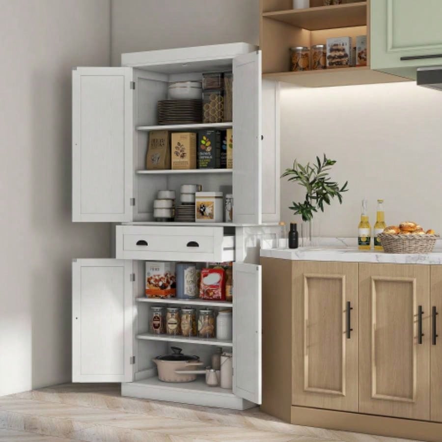 HOMCOM 72.5 Kitchen Pantry Cabinet, Traditional Freestanding Storage Cabinet with 4 Doors, Drawer and 3 Adjustable Shelves Dining Room, White Wood Grain
