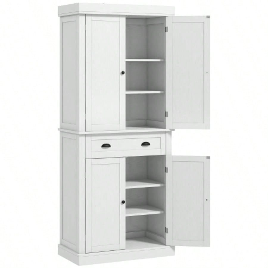 HOMCOM 72.5 Kitchen Pantry Cabinet, Traditional Freestanding Storage Cabinet with 4 Doors, Drawer and 3 Adjustable Shelves Dining Room, White Wood Grain