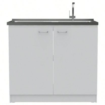 Utility Sink, Double Door Cabinet, Stainless Steel Countertop