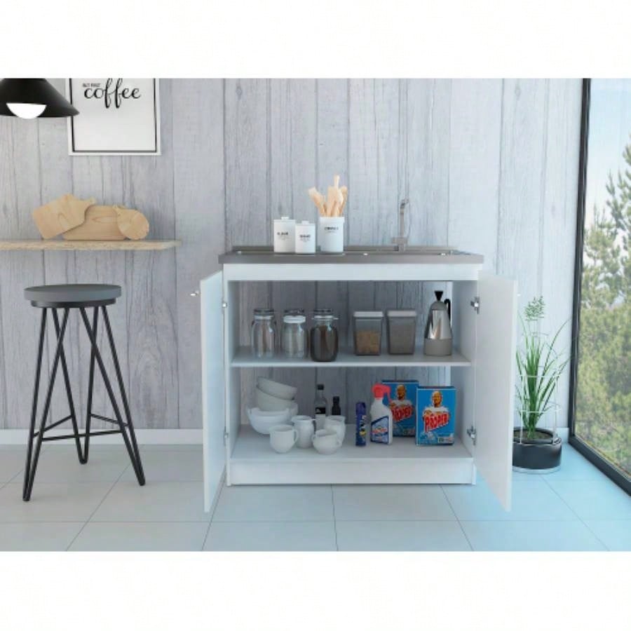 Utility Sink, Double Door Cabinet, Stainless Steel Countertop